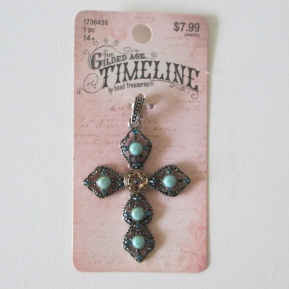 Turquoise Color Silvertone Cross Pendant (NEW) - Picture 1 of 3